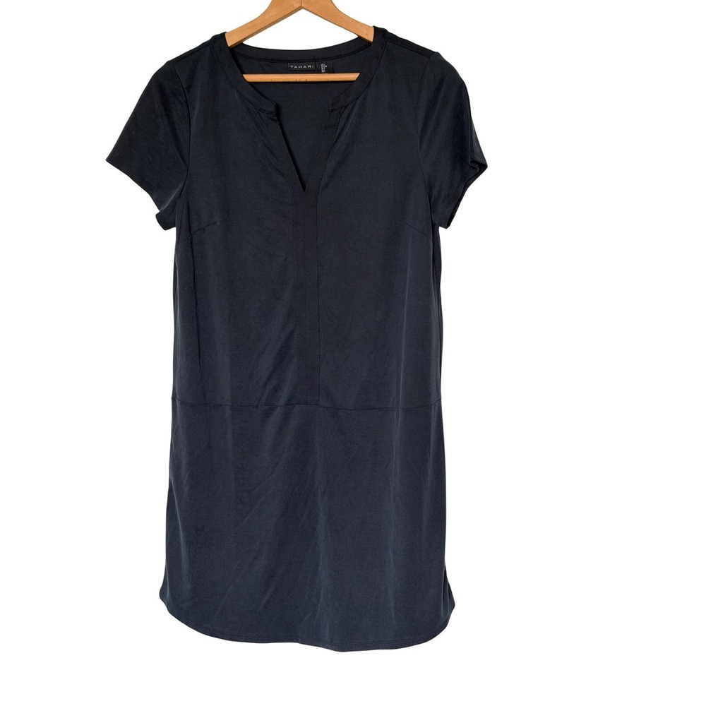 Tahari Shift Dress Women Large Black Short Sleeve Notched V-Neck Modal Blend